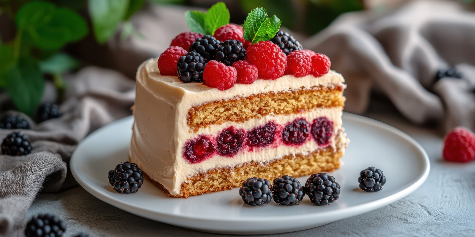 Delicious berry cake slice with cream frosting and fresh fruits on a rustic table